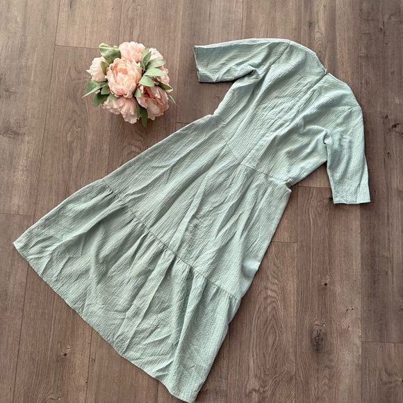 Calvin Klein Sage Green Gauze V Neck Knot Midi Dress - Picture 3 of 5